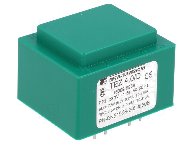 Transformator: ingegoten; 4VA; 230VAC; 7,5V; 7,5V; 266,6mA; 266,6mA Transformator: ingegoten; 4VA; 230VAC; 7,5V; 7,5V; 266,6mA; 266,6mA